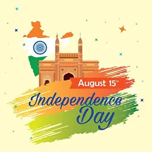 Republic Day Prints: indian happy independence day, celebration 15 august, with gateway and map of india