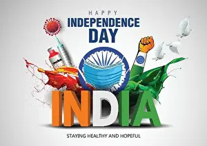 Indian happy Independence Day celebrations with stylish 3d India text and Ashoka Wheel. covid-19 corona virus concept