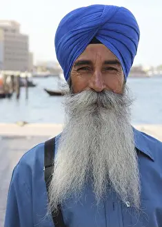 Traditional Attire Prints: Indian with long, grey beard, blue turban, blue shirt
