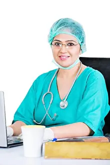 30 40 Years Prints: Indian Medical Surgeon Lady Doctor Laptop Working In Hospital