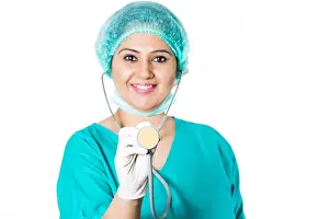 30 40 Years Prints: Indian Medical Surgeon Woman Doctor Showing Stethoscope