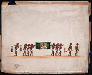 Gouache Prints: Indian men carrying a European officer in a palanquin. Gouache by an Indian artist