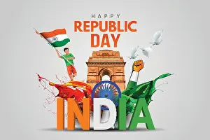 Republic Day Prints: Indian republic Day celebrations with 26th January india 3d text and Ashoka Wheel