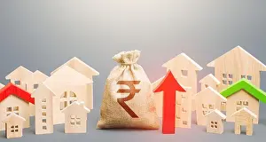 Rental Prints: Indian rupee money bag and a city of house figures and red up arrow