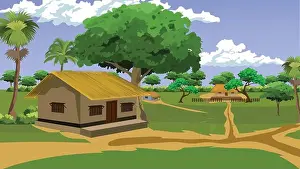 Agricultural Land Prints: Indian village background for cartoon animation