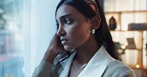 Worry Prints: Indian woman, worry and window in home with thinking or concern
