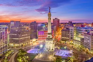 Indianapolis, Indiana, USA downtown cityscape over Monument Circle at dusk