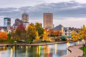Indianapolis, Indiana, USA downtown cityscape on the White River at dusk