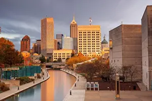 Statehouse Prints: Indianapolis, Indiana, USA downtown skyline over the river walk