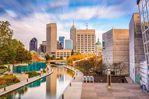 Indianapolis, Indiana, USA downtown skyline over the river walk