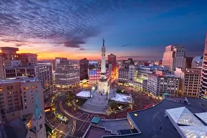 Indianapolis, Indiana, USA skyline over Monument Circle at dusk