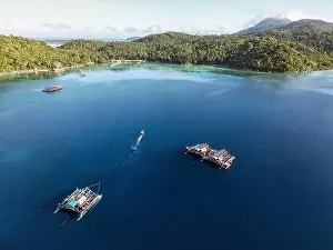 Indonesia Anambas Islands - Drone view Telaga Island Bagan perahu - boat to lift nets