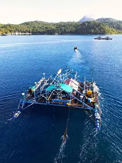 Bagan Prints: Indonesia Anambas Islands - Drone view Telaga Island Bagan perahu - boat to lift nets