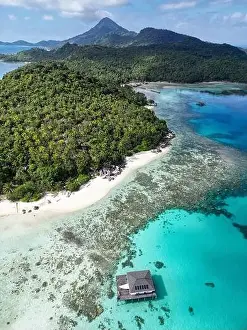 Anambas Islands Prints: Indonesia Anambas Islands - Drone view Telaga Island coast line with kelong house