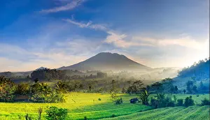 Balinese Prints: Indonesia, Bali, Sidemen Valley, Iseh, Rice Fields and Gunung Agung Volcano