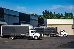 Pick Up Prints: Industrial white day cab big rig semi trucks with conestoga flat bed semi trailer