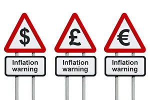 Inflation warning road sign with, dollar, Euro and pound symbols