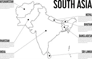 Infographic map of South Asia. Modern template with text in black and white. Vector illustration