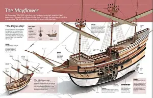 Sails Prints: Infographic of the Mayflower, the Pilgrim ship that in 1620 made the historic voyage from England to the New World