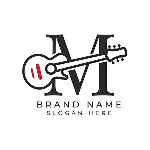 Chord Prints: Initial Letter M Guitar icon with Line Art Style for Chord