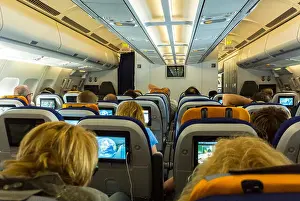 Aisle Prints: Inside Views, Passengers sitting in Lufthansa, Airbus 340 Airplane, contemporary interiors