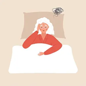 Wake Prints: Insomnia concept. Tired elderly woman suffer from headache
