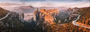 Inspirational aerial panoramic view of iconic and majestic Meteora monastery travel destination