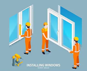 Guarantee Prints: Installing windows isometric background with handymen in uniform