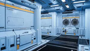 Interior corridor of a futuristic cyberpunk industrial building. 3D rendering