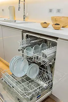 Wooden Floor Prints: Interior design decor showing modern kitchen with dishwasher appliance in luxury apartment showroom