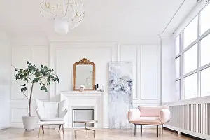 Fireplace Prints: Interior design of the house with an elegant living room and a comfortable sofa