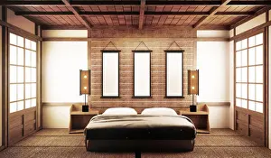 Cushion Prints: interior design, modern living room with sofa on tatami mat and traditional japanese