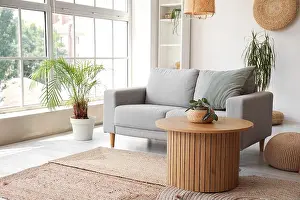 Cushion Prints: Interior of light living room with grey sofa, coffee table, armchair and big window