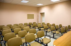 Rosy Prints: Interior of a small conference hall in pink tones