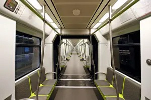 Train Transport Prints: Interior view of empty modern subway car in Valencia, Spain