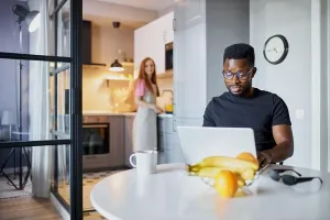 Descent Prints: interracial couple in the kitchen