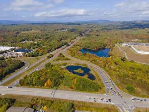Peak Range Prints: Interstate Highway 93 at Exit 20 with US Route 3 in White Mountain National Forest aerial view with fall foliage