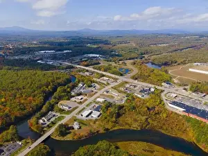 Peak Range Prints: Interstate Highway 93 at Exit 20 with US Route 3 in White Mountain National Forest aerial view with fall foliage