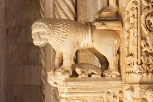 Intricate hand carved sculptures at the main entrance of the Roman Catholic Cathedral of St. Lawrence (13th century) in Trogir, Croatia