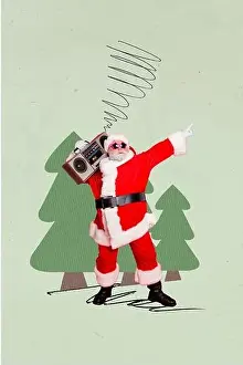 Montage Prints: Invitation brochure collage of funny funky santa claus have fun christmas party in decoration painting woods background