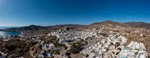 Ios island, Greece Cyclades. Chora town panorama aerial drone view