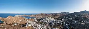 Ios island, Greece Cyclades. Chora town panorama aerial drone view