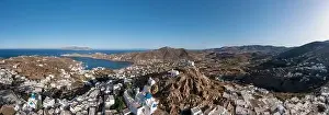 Ios island, Greece Cyclades. Chora town panorama aerial drone view