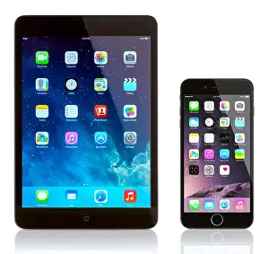 Aluminum Prints: iPad Mini and iPhone 6 on white. Apple iOS 8 applications on the home screen of the iPhone