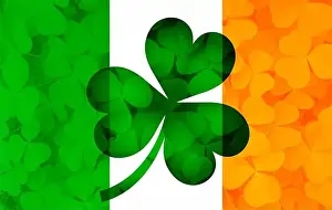 Trinity Prints: Ireland Flag with Shamrock Leaves Background Illustration