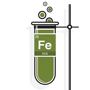 Iron symbol on label in a green test tube with holder