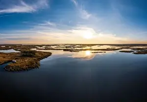 Irresistible floods on the Samara River on the Dnieper in Ukraine in the evening warm bright light