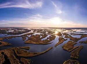 Irresistible floods on the Samara River on the Dnieper in Ukraine in the evening warm bright light