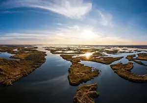 Irresistible floods on the Samara River on the Dnieper in Ukraine in the evening warm bright light