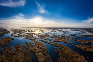 Irresistible floods on the Samara River on the Dnieper in Ukraine in the evening warm bright light